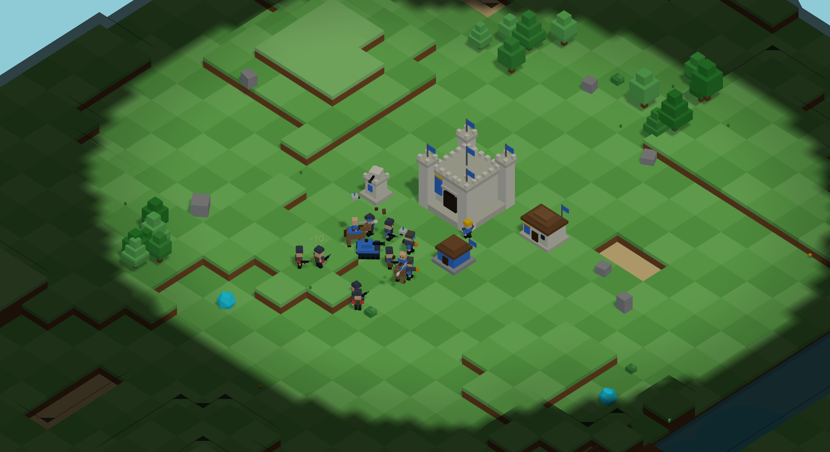 Blox Blitz gameplay — voxel base with army and fog of war